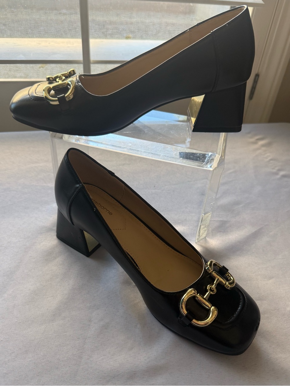 Liz Claiborne Black Lopina Block Heel Pumps with Gold Chain Accent
Size 7